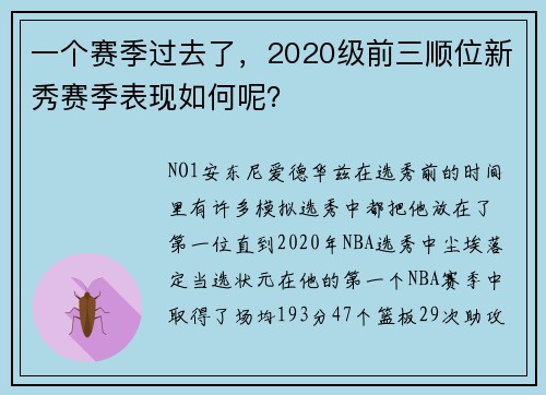 一个赛季过去了，2020级前三顺位新秀赛季表现如何呢？