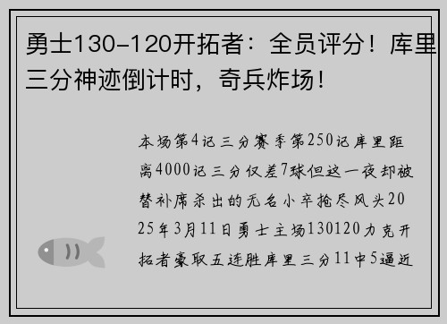 勇士130-120开拓者：全员评分！库里三分神迹倒计时，奇兵炸场！​