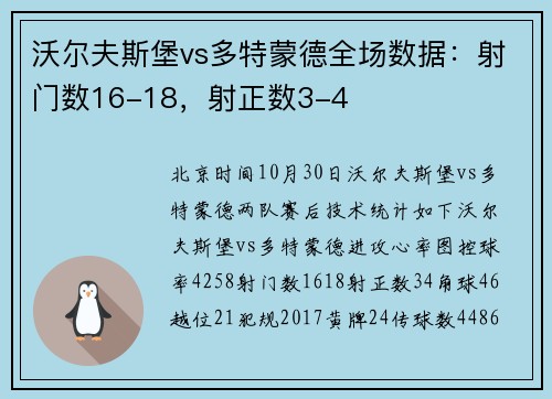 沃尔夫斯堡vs多特蒙德全场数据：射门数16-18，射正数3-4
