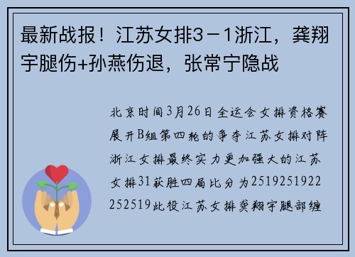 最新战报！江苏女排3－1浙江，龚翔宇腿伤+孙燕伤退，张常宁隐战