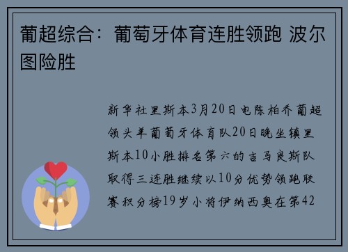 葡超综合：葡萄牙体育连胜领跑 波尔图险胜