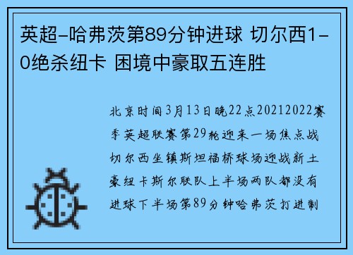 英超-哈弗茨第89分钟进球 切尔西1-0绝杀纽卡 困境中豪取五连胜