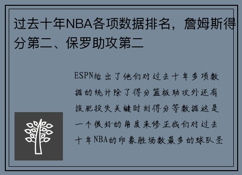 过去十年NBA各项数据排名，詹姆斯得分第二、保罗助攻第二